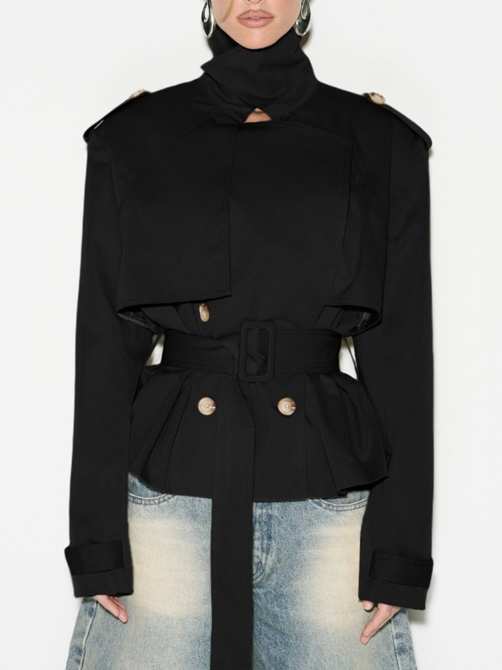 Black Sleek Women's Cropped Shoulder Pad Double-Breasted  Trench Coat